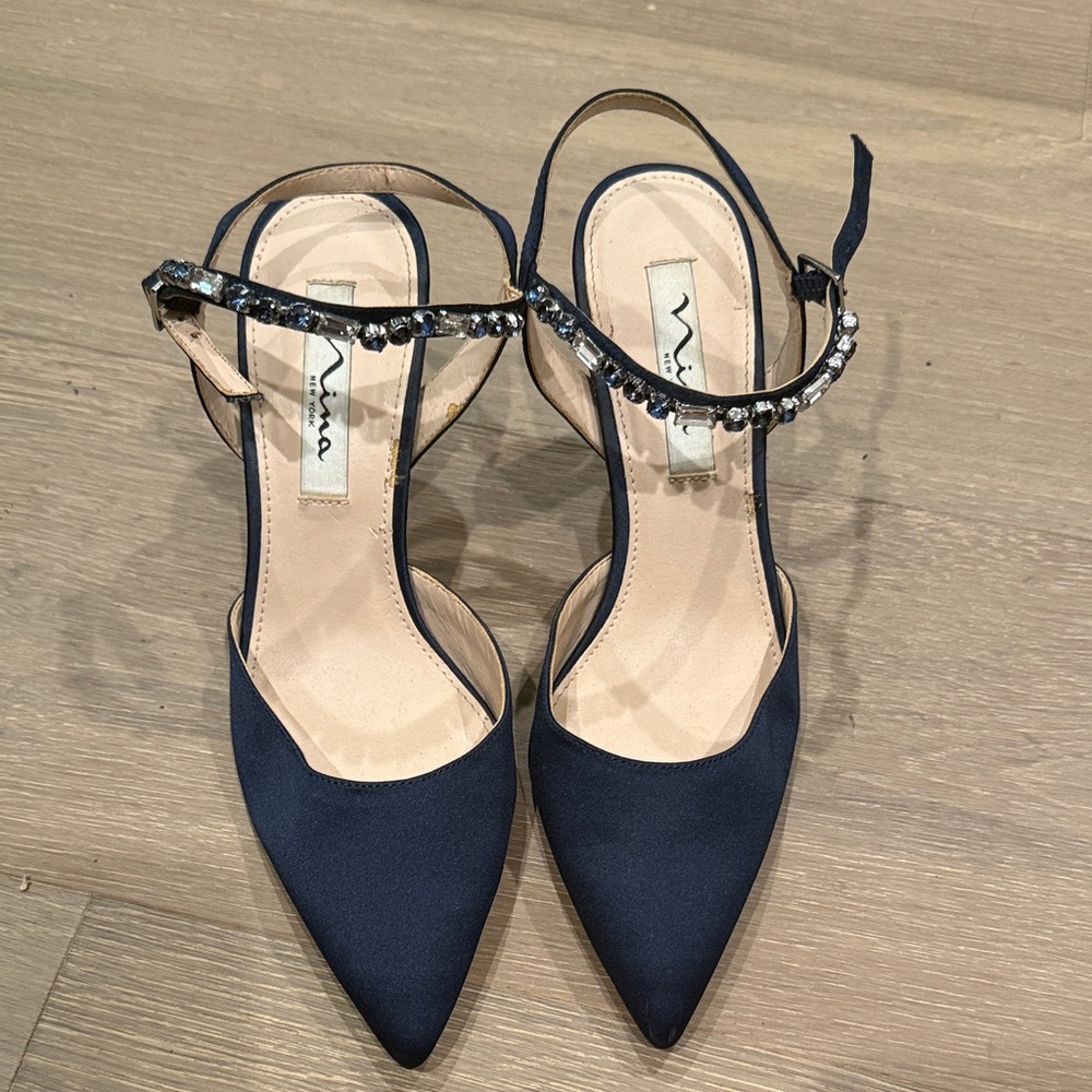 Nina Shoes Navy Heels with Embellished Strap